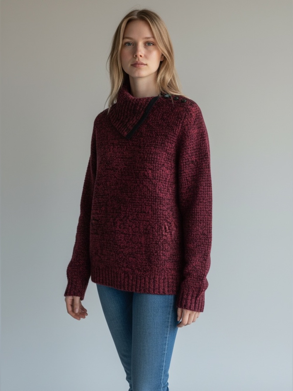 Chaps Women’s XL Red Black Marl Split Collar turtleneck Sweater Cotton Acrylic